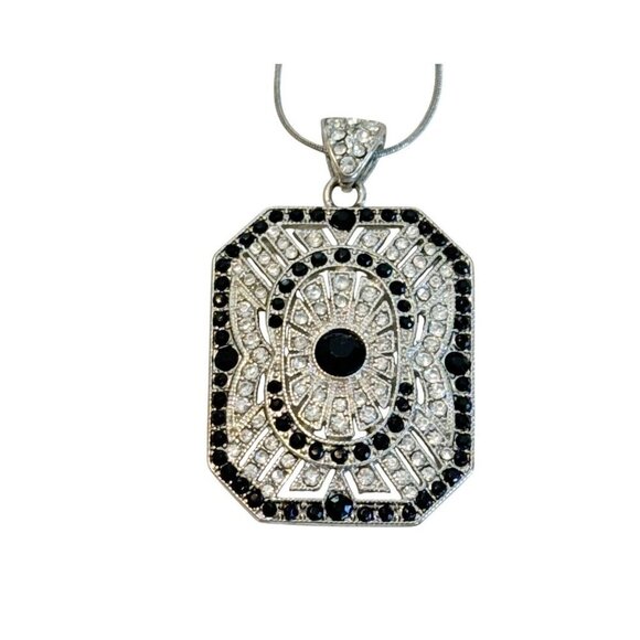 Art Deco Clear Crystal Black Stone Pendant Necklace Rectangle Snake Chain 31" - Picture 1 of 6
